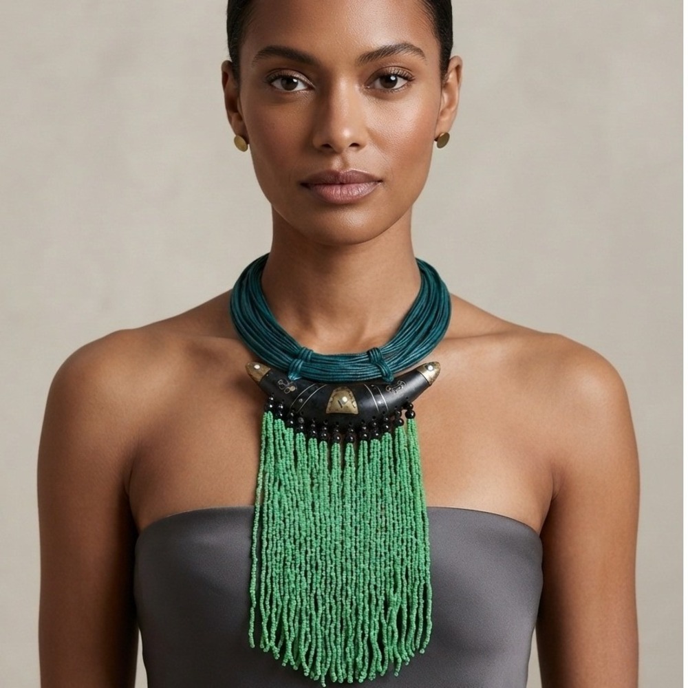 Handmade African Statement Necklace Women Green Teal Beaded Fringe